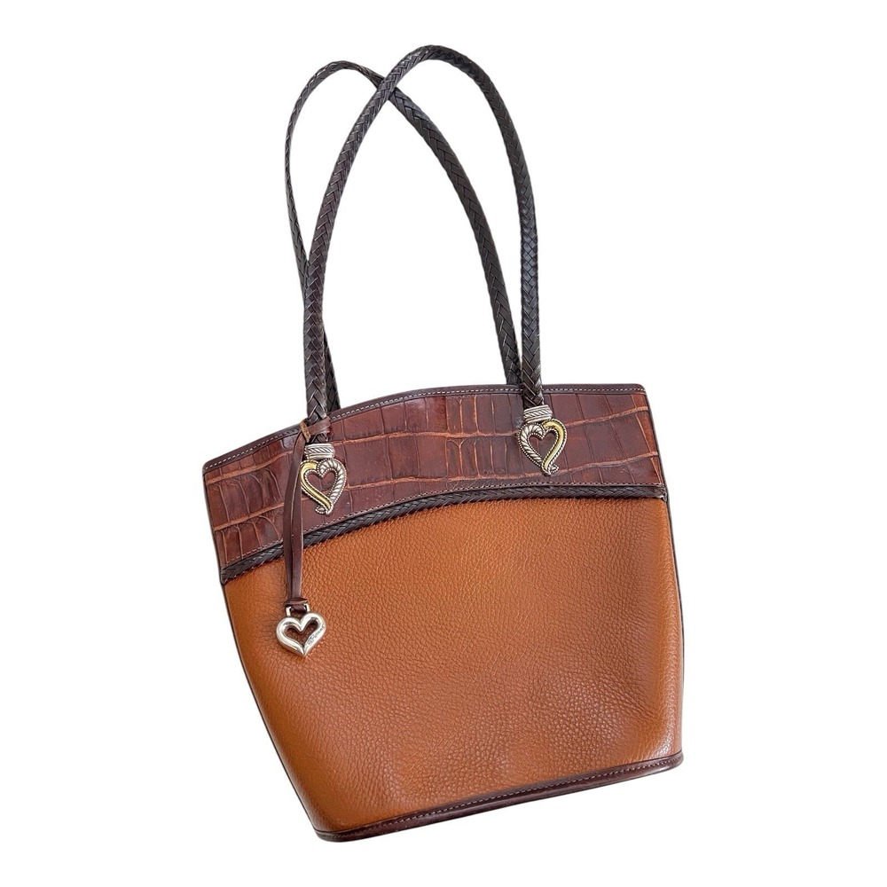 BRIGHTON Purse Brown Leather Croc Embossed Braided Strap